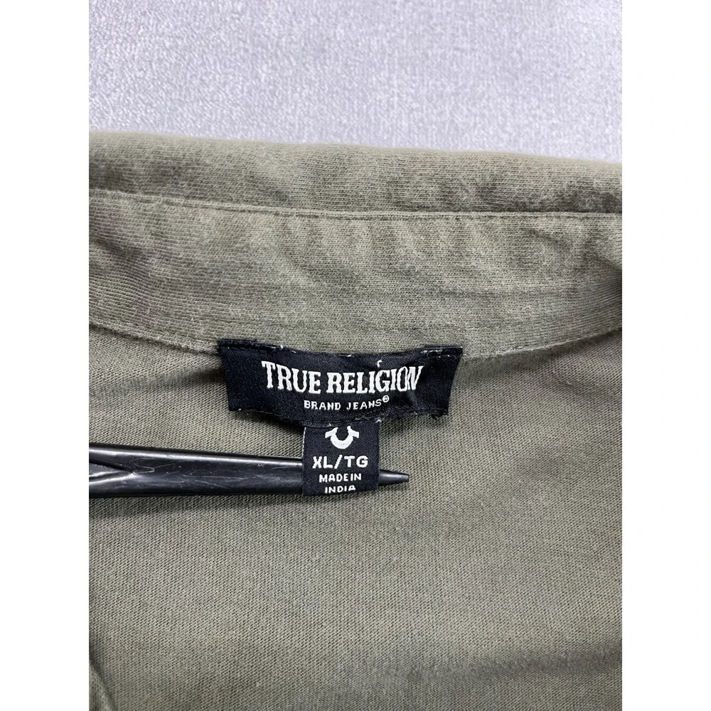 True Religion Triple Needle Knit Shirt Men XL Olive Two Chest Pocket Button Up